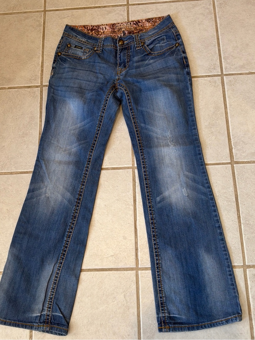 Adikto Blue Bootcut Jeans with Leopard Waist Trim women’s size 6waist29inseam 33